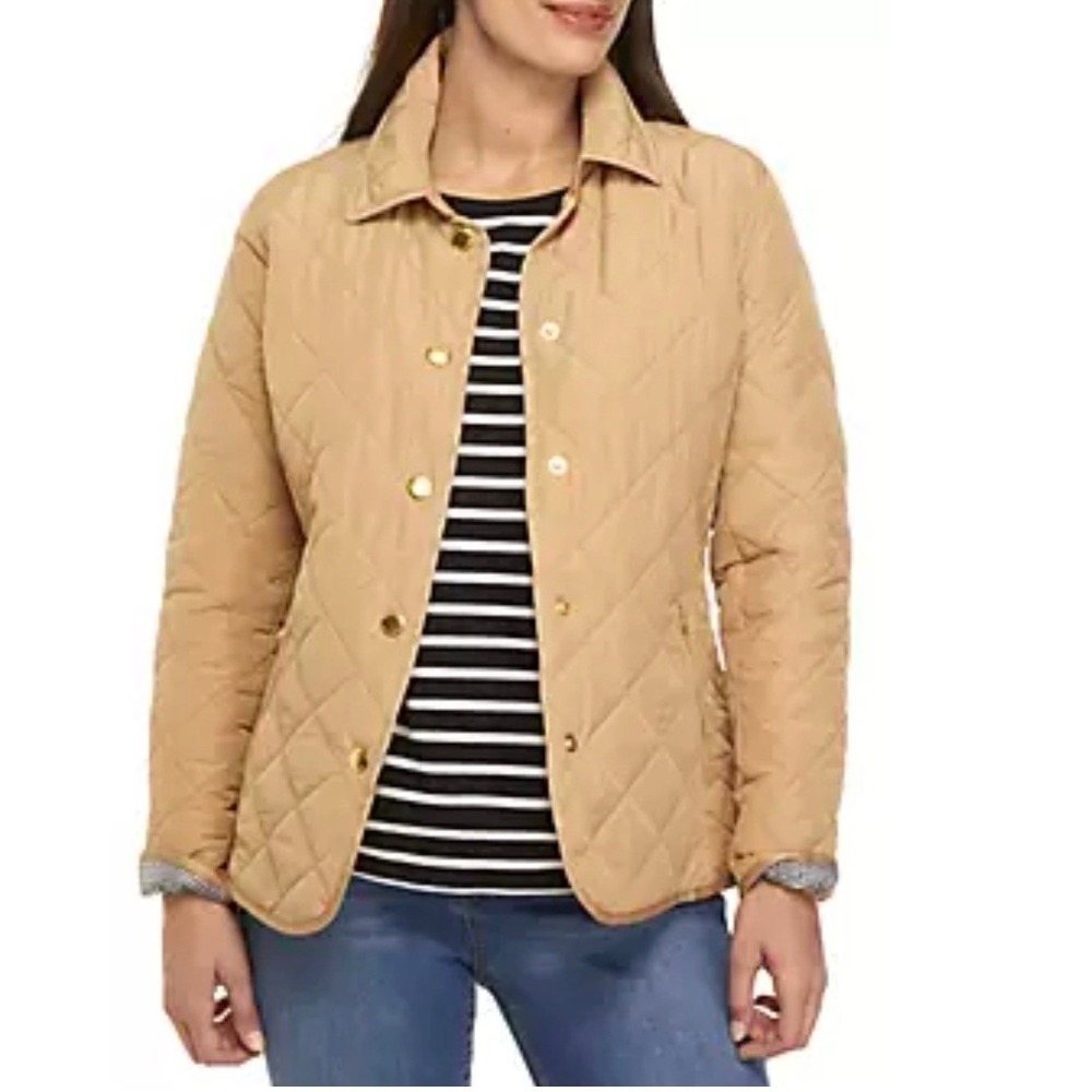 Crown & Ivy Women's Quilted Jacket Coat Tan‎ Camel Gold Button Large Lightweight